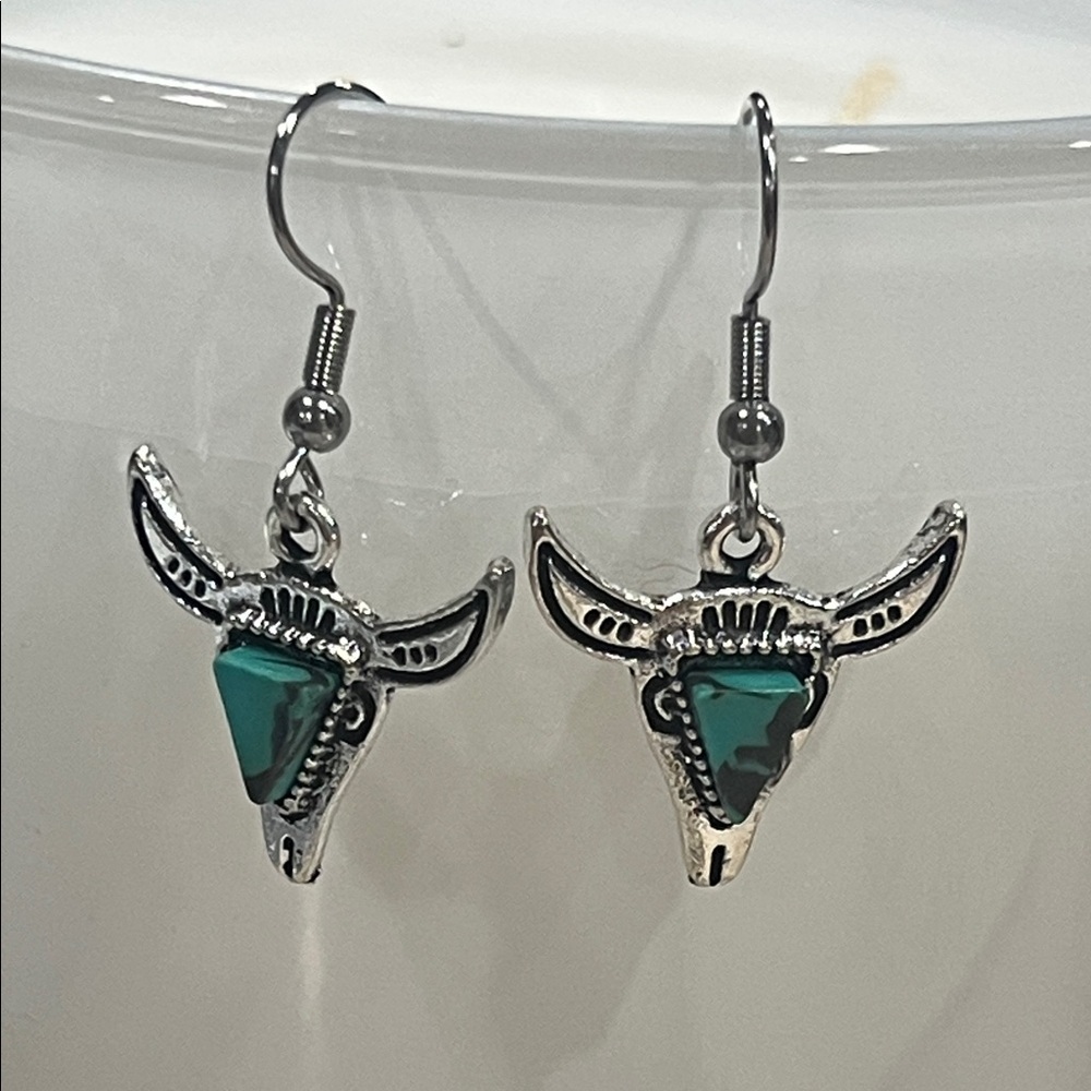 Turquoise Clay Bull Skull Silver Earrings | Boho Western Jewelry